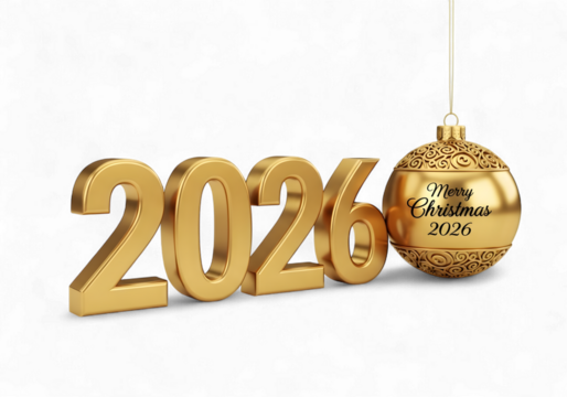 Celebrate a golden Merry Christmas 2026 with elegant ornament and shining year numerals, conveying holiday joy and festive cheer, perfect for seasonal greetings and celebrations