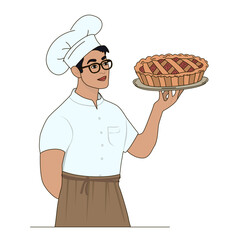 Chef holding a freshly baked pie with a proud expression in this vector illustration. Dressed in typical chef attire, the person showcases the pie, highlighting culinary skills and satisfaction.