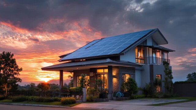 Solar panels installed on a residential house at sunset in a suburban neighborhood with Tim lapse showing beautiful sky colors