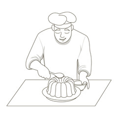 Vector illustration of a chef elegantly decorating a bundt cake with a spoon on a table. The chef wears traditional attire and focuses on creating a perfect dessert presentation.