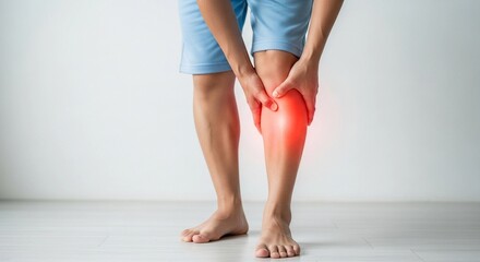 A person experiencing severe pain in their lower leg, possibly a calf muscle or shin injury, highlighted with a red glow.