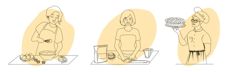 Vector illustration showcasing three people in different stages of baking, from mixing ingredients to presenting a finished pie. Expressive faces depict concentration and satisfaction.