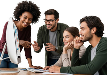 Diverse team collaborating enthusiastically around a computer in an office setting transparent background