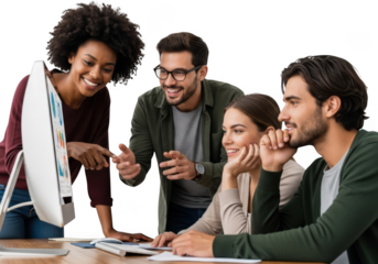 Diverse team collaborating enthusiastically around a computer in an office setting transparent background