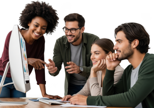Diverse team collaborating enthusiastically around a computer in an office setting transparent background