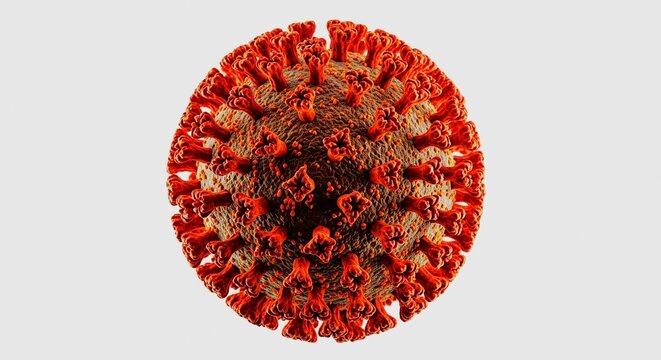Detailed 3D rendering of a coronavirus virion, showing its structure and surface proteins.