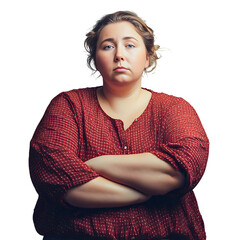 Young woman looking frustrated arms crossed serious expression dramatic lighting studio portrait isolated on a white or transparent background