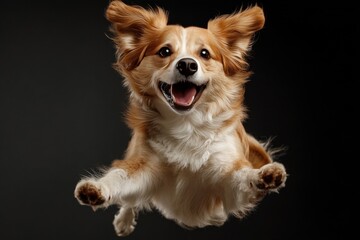 Happy dog leaps with joy, showcasing enthusiasm in a playful moment captured indoors against a dark backdrop