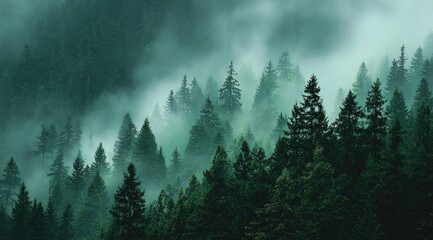 Misty forest scene. Dark green trees rise through a thick, ethereal mist