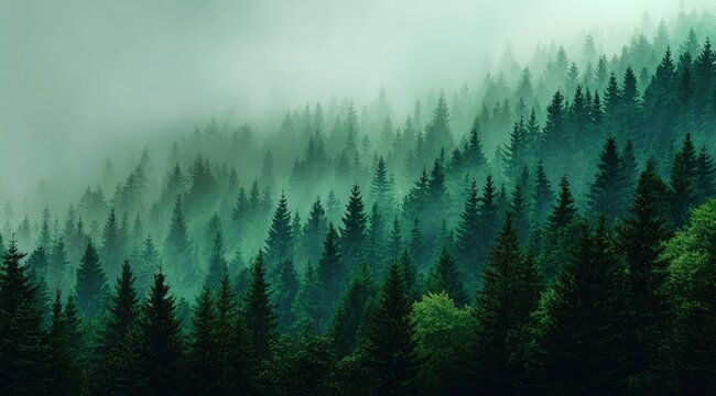 Misty evergreen forest, a tranquil scene of dense trees on a hillside, enveloped in a soft, green-tinged mist