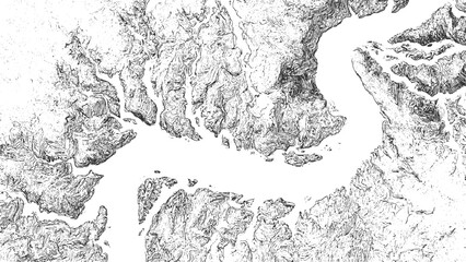 Black and white contour map illustration of a winding river and surrounding terrain topography landscape © ESIPOOS