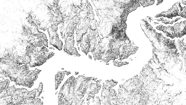 Black and white contour map illustration of a winding river and surrounding terrain topography landscape