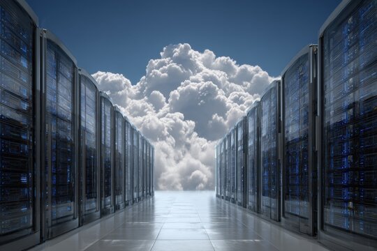 Cloud computing data flow between servers with a background of vibrant clouds in a futuristic data center