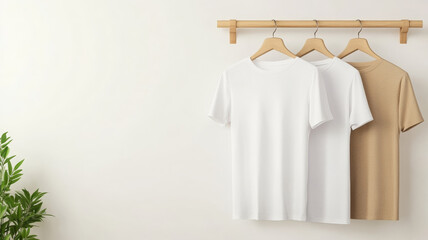Minimalist cotton t shirt mockup with neutral colors on wooden hangers, calm and clean style