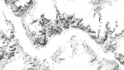 Black and white topographic map contour lines depicting mountainous terrain and a body of water vector