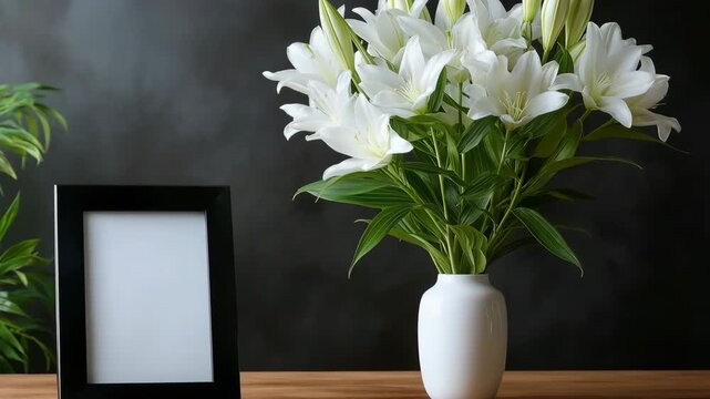 Elegant white lilies in vase beside black frame on wooden table
