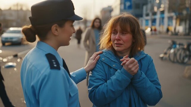 A police officer comforts a crying woman on a bustling street as the sun sets. People walk by, creating a contrast between their distress and the everyday life around them