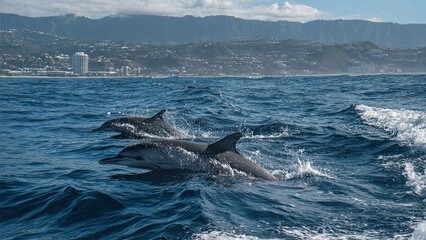 Fototapeta premium Dolphins leaping from ocean waves with a distant coastal mountain range backdrop