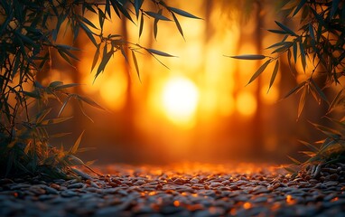 Golden sunset through bamboo and pebbles with tranquil nature scene.