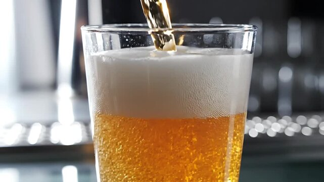 Macro Shot of Golden Beer Being Poured into a Glass Forming Abundant White Foam and Effervescent Bubbles Refreshing Beverage for Bar Scenes and Celebrations