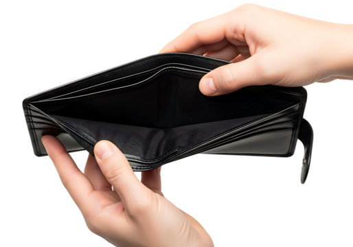 Hands holding open empty black leather wallet against a dark background image
