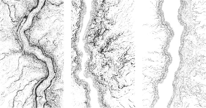 Black and white abstract topographic contour lines forming river valleys and terrain background