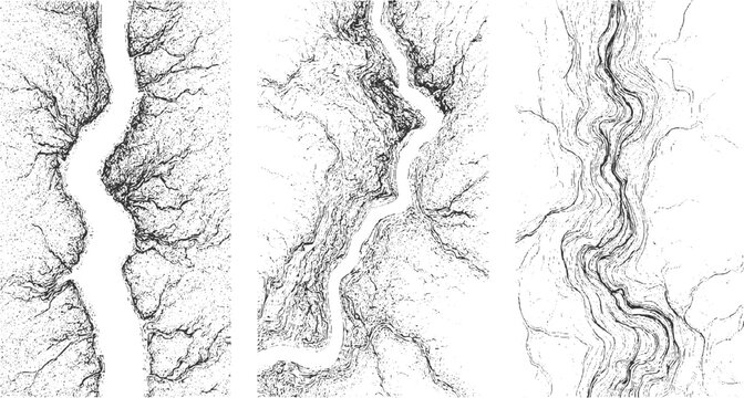 Abstract black and white topographic map patterns with winding river and branching tributaries vector