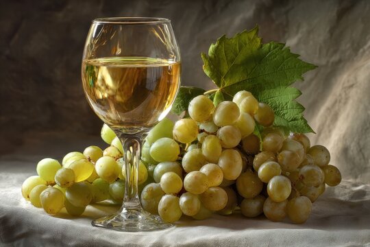 Elegant glass of white wine sits next to a bunch of fresh green grapes on a soft textured surface in a cozy setting - Powered by Adobe