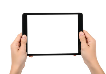 Hands holding a black tablet computer with a blank white screen device