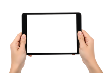 Hands holding a black tablet computer with a blank white screen device