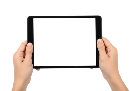 Hands holding a black tablet computer with a blank white screen device