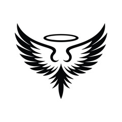 Stylized black angel wings with a halo symbol