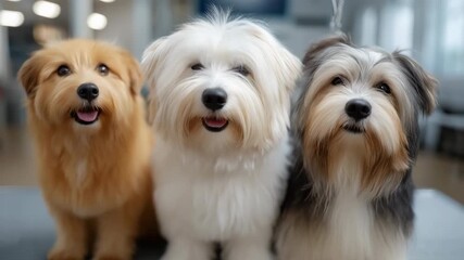 Adorable trio of fluffy dogs in grooming salon setting