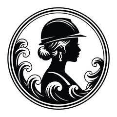 Silhouette of a woman in a hard hat with waves in a circular frame