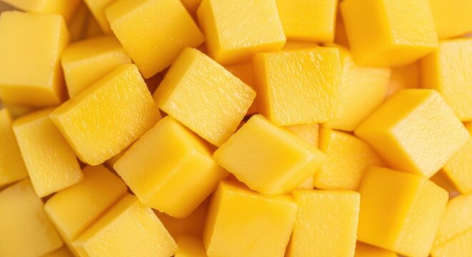 Close up of fresh diced mango cubes, a vibrant and healthy fruit option