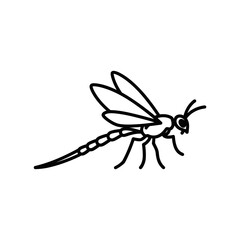 Simple black and white line art drawing of a dragonfly.
