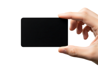 Hand holding a blank black rectangular card with rounded corners image