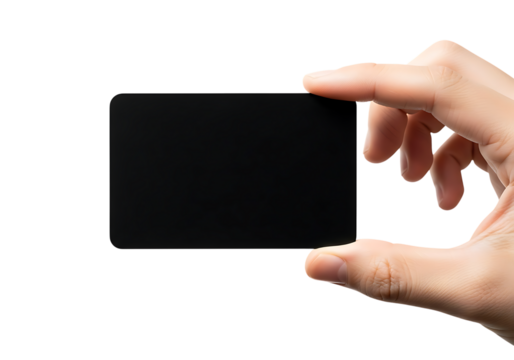 Hand holding a blank black rectangular card with rounded corners image