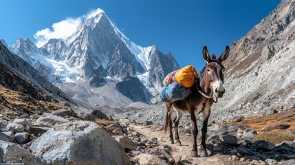 Mountain donkey carries supplies along rocky trail with snow-capped peaks in the background