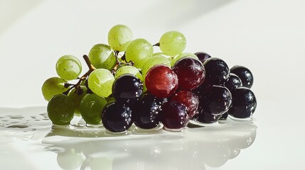 Freshly washed grapes in a bright setting with droplets of water sparkling in sunlight