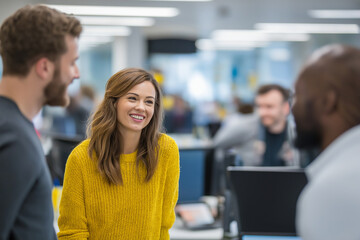 Group of diverse employees collaborating on project in modern office environment. atmosphere is lively and engaging, showcasing teamwork and creativity