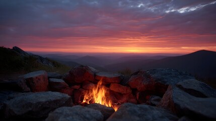 Stone campfire glows against a dramatic mountain landscape at sunset