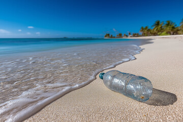 Lone plastic bottle rests on pristine beach, surrounded by soft sand and gentle waves. clear blue sky reflects serene atmosphere, highlighting contrast between nature and pollution