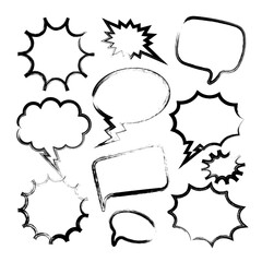 Grunge comic speech bubbles with brush strokes, ink smudges, acrylic stains or charcoal streaks. Hand drawn retro cartoon stickers. Chatting, message box. Vector illustration