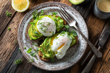 Delicious gourmet breakfast plate featuring two slices of toasted bread topped with creamy avocado, poached eggs, and fresh herbs. vibrant colors and textures create inviting and healthy meal