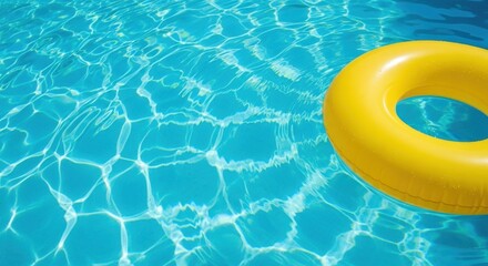 Yellow inflatable ring floating on the surface of a sparkling blue pool