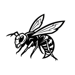 Detailed black and white illustration of a flying wasp insect.