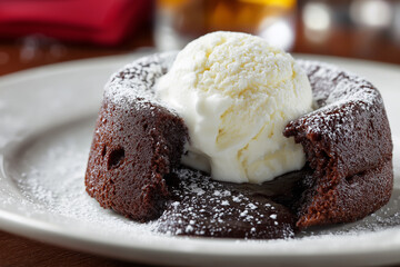 Rich chocolate lava cake with scoop of vanilla ice cream, dusted with powdered sugar, creates delightful dessert experience. warm, gooey center contrasts beautifully with cold ice cream