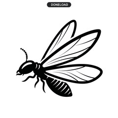 Detailed black and white illustration of a flying insect.