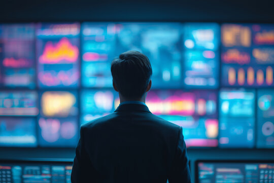 Professional observing large digital display filled with data visualizations and graphs, showcasing trends and analytics in modern workspace. atmosphere conveys focus and determination
